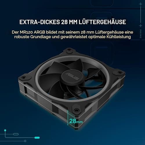 ASUS Prime MR120 Black ARGB Reverse-Gehäuselüfter Single (beidseitige Beleuchtung, 20 adressierbare RGB-LED, 28 mm Rahmen, PWM-Steuerung, Lüfterdrehzahl 1600 U/min, 23dB(A) Lärmpegel, 58 CFM, Schwarz) Bild 4