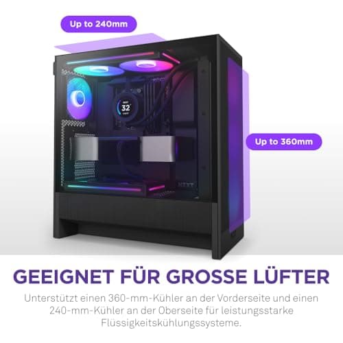 NZXT H5 Flow RGB - Compact ATX Mid-Tower PC Gaming Case - High Airflow - F360 RGB Core (CV) Included - 360mm Front & 240mm Top Radiator Support - Cable Management - Tempered Glass - Black Flow RGB Schwarz Bild 8