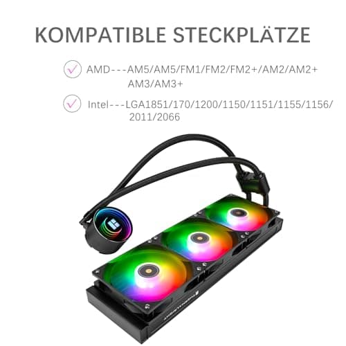 TR-Thermalright Frozen Notte 360 Black ARGB V2 Flüssigkeits-CPU-Kühler-Unendlicher Spiegel-Lichteffekt,360mm Aio-Kühlung,3-PWM-Lüfter-2000U/min, für AM4/AM5,Intel LGA1851/1700/115x/1200/2011 360mm Schwarz Bild 8