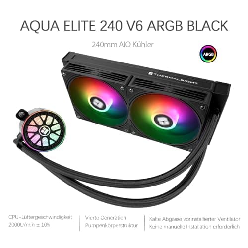 TR Thermalright AQUA ELITE 240 V6 ARGB Schwarz Liquid CPU Kühler, 240mm Aio Kühlung, Double PWM Lüfter-ARGB, für AM4/AM5, Intel LGA1851/1700/115x/1200(Schwarz) Bild 4