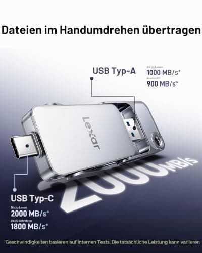 Lexar D70E 1TB Dual Drive Externe SSD,bis zu 2000 MB/s Lesen, 1800 MB/s Schreiben, Kabellose, Tragbare SSD für USB-Typ-C-/Typ-A-Geräte, Kompatibel mit iPhone 17 1 TB Bild 8