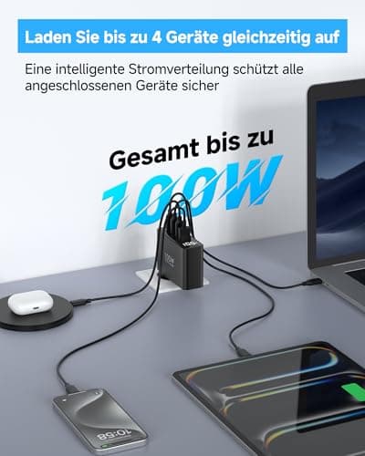 100W USB C Ladegerät, 4-Port Schnellladegerät mit LED Display, USB-C Netzteil GaN Charger PD/PPS für MacBook Pro/Air, für iPhone 17/16 Pro/iPad, Galaxy S25/S24, für HP/Lenovo/Acer/Lpatop, Schwarz EU-Stecker Schwarz Bild 8