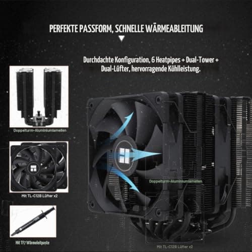 Thermalright Peerless Assassin 120 Black CPU-Luftkühler, 6 Heatpipes, zwei 120mm C12B PWM Lüfter, Aluminium-Kühlkörperabdeckung, AGHP-Technologie, für AMD AM4/Intel LGA 1700/1150/1151/1200/2066/2011 PA120 BLACK Bild 8