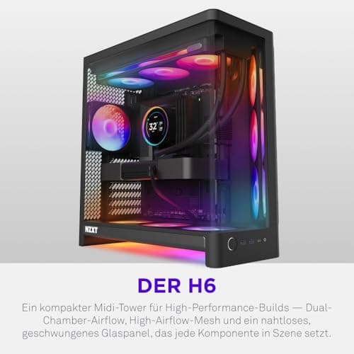 NZXT H6 Kompaktes Dual-Chamber-ATX-PC-Gehäuse - Unterstützung für 10x 120-mm-Lüfter - 360-mm-Radiator - Back-Connect-Motherboard-Ready - Nahtloses geschwungenes gehärtetes Glas - Schwarz Bild 4
