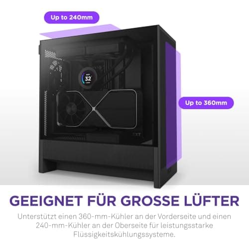 NZXT H5 Flow - Compact ATX Mid-Tower PC Gaming Case - High Airflow - 2 x 120mm Fans Included - 360mm Front & 240mm Top Radiator Support - Cable Management System - Tempered Glass - Black Flow Schwarz Bild 8
