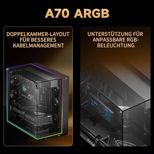 TR A70 ARGB Schwarzes ATX Gaming-Gehäuse, dreiseitiges säulenlosem Panoramaglas-Panel, 8 CPU-Lüfterplätze, 4-Wege-Luftzirkulation, werkzeuglose vertikale Fallschutz + panoramische Lichtleiste. Bild 4
