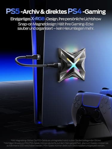 MOVE SPEED Externe Festplatte 2TB, Externe SSD bis zu 2060MB/s mit Magnetischer Befestigung & RGB-Licht, USB 3.2 Gen 2x2 PSSD aus Zinklegierung für PS5, Xbox, iPhone 17/16/15 Pro, Mac, PC Bild 6