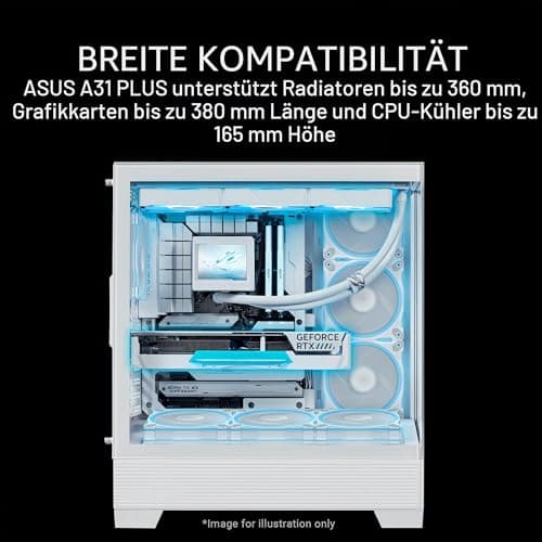 ASUS A31 Plus TG ARGB White ATX PC Gehäuse (vorinstallierte ARGB-Lüfter, Frontpanel aus Glas, kompatibel mit Mainboards mit versteckten Anschlüssen, 360-mm-Radiatoren, 380-mm-Grafikkarten, weiß) Bild 8