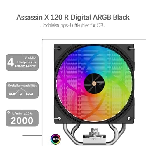 TR-Thermalright Assassin X 120 Digital ARGB Schwarzer CPU-Kühler, 4x6mm Wärmerohre,120mm ARGB-Lüfter-2000U/min, Digital Display Board Top Cover, für AM5/AM4, Intel lga1851/1700, Schwarz Bild 4