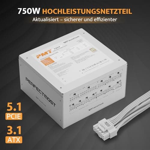 darkFlash PMT750 Vollmodulares ATX 3.1-Netzteil, 80 Plus Gold Effizienz, PCIe 5.1 & 12VHPWR-Unterstützung, 100% Japanische 105°C-Kondensatoren, Kompakte 150-mm-Bauweise (Weiß) 750 Watts Weiß Bild 4