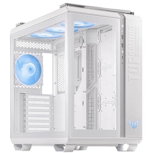 ASUS TUF Gaming GT502 Plus TG White modulares PC Gehäuse (Zweikammer-Gehäuse, bis zu DREI Positionen für 360-mm-Radiatoren oder bis zu dreizehn 120-mm-Lüfter, Glasscheiben Panoramablick, weiß)