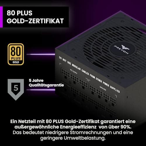 PREYON Eagle Power Gaming 750–1000W Netzteil 80+ Gold – Modular, Leise, Kompakt, Für Gamer & Kreative, 600W GPU-Support, Japanische Kondensatoren, Hohe Effizienz, Premium-Design Bild 5