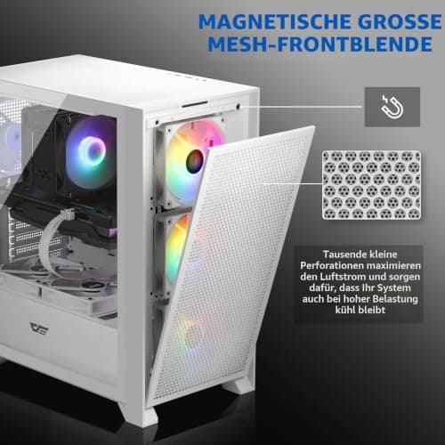 darkFlash ATX Mid-Tower Gaming-PC-Gehäuse, vorinstallierte 3x120mm RGB-Lüfter, abnehmbare große Mesh-Frontblende, USB 3.0-fähig, Seitenwand aus gehärtetem Glas für optimale Belüftung, Weiß (DRX70) Bild 6