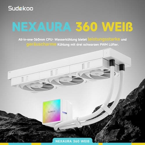 Sudokoo NEXAURA 360 CPU Wasserkühlung : AIO Wasserkühlung 360mm mit 3x FDB PWM Lüfter & ARGB PWM Leise Pumpe van 2500–3600 RPM - CPU Kühler TDP 300W für Intel LGA 1851/1700/1200/115X AMD AM5/AM4 NEXAURA 360 schwarz Bild 5