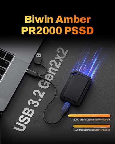 BIWIN Amber PR2000 Externe SSD 1TB USB 3.2 Gen2x2 - Bis zu 2000 MB/s IP67 wasserdicht - Portable NVMe External Solid State Drives mit USB-C & USB-A Adapter, Schwarz 1TB Schwarz Bild 4