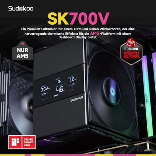 Sudokoo SK700V CPU Kühler AM5: PC Lüfter 120mm mit Display Digital &7 Heatpipes für AM5 Exklusiv - CPU Cooler mit 120mm Lüfter & Single Tower - Luftkühler van Volle RAM-Freiheit, 5 Jahre Garantie SK700V Schwarz Bild 4