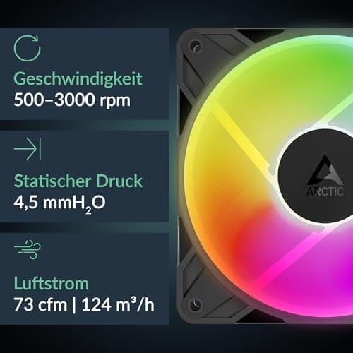 ARCTIC P12 Pro Reverse A-RGB – 3 Pack – 120 mm Premium-Lüfter mit Reverse Airflow, PWM-Lüfter mit Y-Kabelsplitter, 500-3000 rpm, 0 rpm <5% PWM, 5V Digital RGB, Hydrodyn. Gleitlager, 4-Pin - Schwarz Bild 4