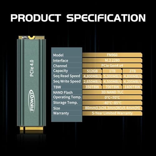 Fikwot FN960 512GB M.2 2280 PCIe Gen4 x4 NVMe 1.4 Internes Solid State Drive mit Kühlkörper – Bis zu 4800 MB/s, Dynamischer SLC Cache, Kompatible PS5 Interne SSD PCIe4.0-5000MB/s(Mit Kühlkörper) 512GB Bild 8