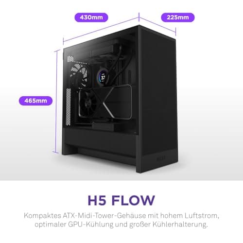 NZXT H5 Flow - Compact ATX Mid-Tower PC Gaming Case - High Airflow - 2 x 120mm Fans Included - 360mm Front & 240mm Top Radiator Support - Cable Management System - Tempered Glass - Black Flow Schwarz Bild 4