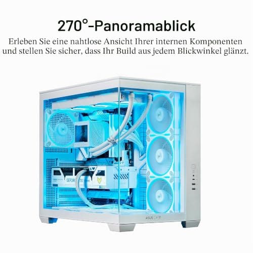 ASUS A32 Plus White ATX-PC Gehäuse (vorinstallierte ARGB-Lüfter, Panorama-Design, Frontpanel aus Glas, kompatibel mit 360-mm-Radiatoren und 420-mm-Grafikkarten, Frontpanel USB Typ-C, Weiß) Bild 4