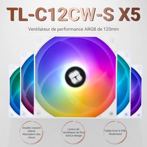 TR TL-C12CW-S X5 CPU Luftkühler 120mm ARGB Gehäuse-Lüfter, PWM leiser Computer-Lüfter mit S-FDB-Lager, bis zu 1550 U/min Kühlgeschwindigkeit Ventilator, PC-Kühlventilator, 5-Lüfter-Set, Weiß Bild 4