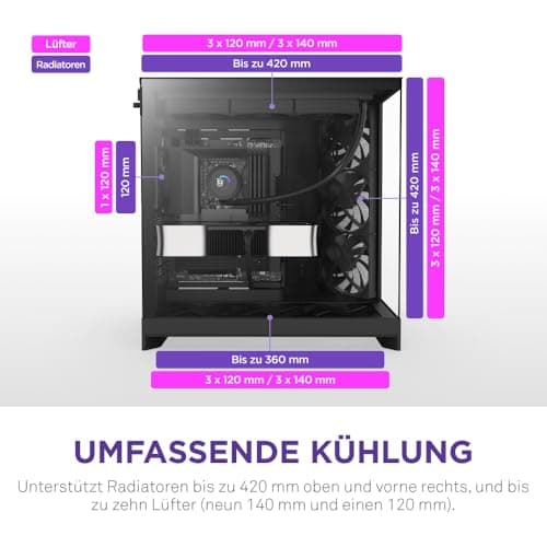 NZXT H9 Flow (2025) – Großes Dual-Kammer ATX Mid-Tower Airflow PC-Gehäuse – Enthält 3 x 140mm & 1 x 120mm Lüfter – 420mm Radiatorunterstützung – Gehärtetes Glas – Back-Connect bereit – Schwarz Schwarz Flow Bild 8