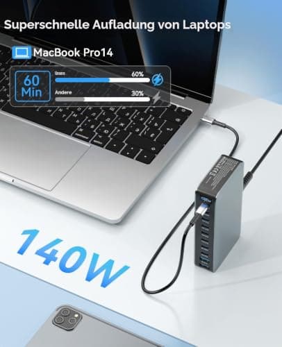 1000W USB C Ladegerät GaN4 10-Ports Desktop Ladestation PD Charger 140W Schnellladegerät mehrfach unterstützt PPS kompatibel mit MacBook Pro/Air, iPhone Serien, Galaxy Serien usw Bild 8