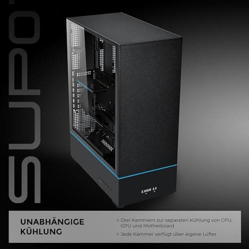 Lian Li SUP-01X PC-Gehäuse, Triple Cooling Chamber Design, 400mm GPU-Freiraum, unterstützt Radiatoren bis zu 360mm, DREI vorinstallierte 120mm Lüfter, Stahl, gehärtetes Glas, Schwarz Bild 4