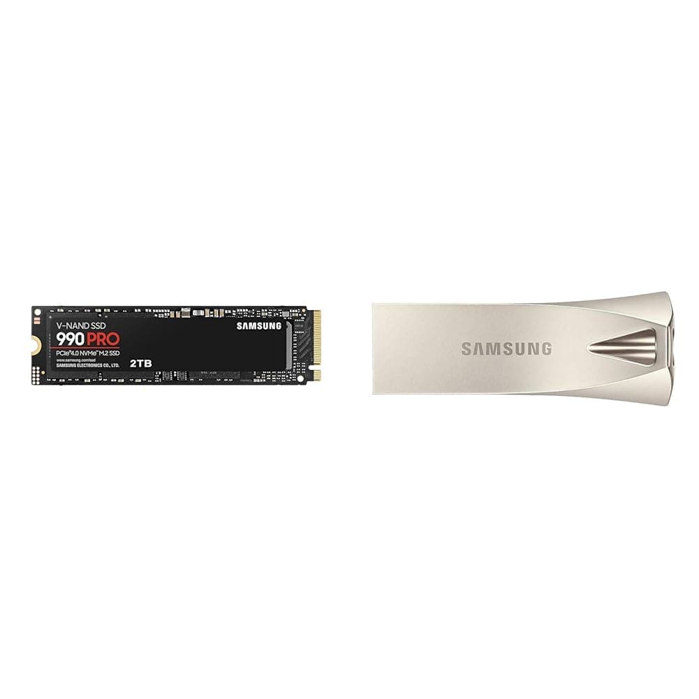 Samsung 990 PRO NVMe M.2 SSD, 2 TB, PCIe 4.0, 7.450 MB/s Lesen & BAR Plus USB-Stick Typ-A, 64 GB, 200 MB/s Lesen, 30 MB/s Schreiben