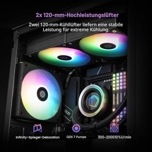 ID-COOLING FX240 INF 240mm Flüssigkeits-CPU-Kühler, AIO mit ARGB-Infinity-Spiegel-Effekt, 2x120mm Daisy-Chained Lüfter, leiser Betrieb bis 27,2 dB(A), Intel LGA1851/1700/1200/115X & AMD AM5/AM4. Bild 8