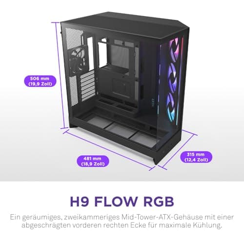 NZXT H9 Flow RGB (2025) – Großes Dual-Kammer ATX Mid-Tower Airflow PC-Gehäuse – Enthält 1 x 420mm RGB-Lüftereinheit & 1 x 120mm Lüfter – 420mm Radiatorunterstützung – Gehärtetes Glas – Schwarz Schwarz Flow RGB Bild 4