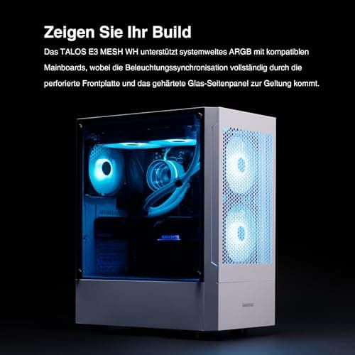 GAMDIAS ATX Mid-Tower Gaming-PC-Gehäuse, Enthält 3 x 120 mm ARGB-Lüfter, High Airflow Mesh Front, Gehärtetes Glas-Seitenteil, PSU-Abdeckung, Weiß TALOS E3 MESH WH Bild 8