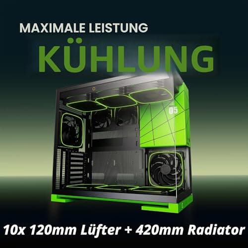 Geometric Future M5 Tempered Glass Mid Tower, E-ATX/ATX Gaming Case, 1.2mm Steel, Type C, Toolless Panels, Support 420/360 Radiator, Dual-Chamber, Black/Green, GEO-M5-BNY schwarz/grün Glass ver Bild 6