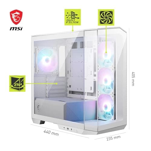 MSI MAG PANO M100R PZ Weiß Micro-ATX PC-Gehäuse - 3 x 120 mm Reverse-Blade ARGB-Lüfter und 1 x 120 mm ARGB-Lüfter mit Hub, GPU-Ständer, Staubfilter, 33 mm Kabelführungsraum, USB Typ-C (20Gbps) Bild 7
