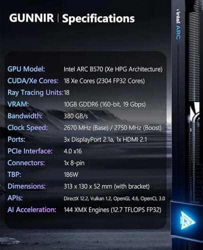 Cutesliving GUNNIR Intel Arc B570 Photon 10GB GDDR6 Grafikkarte, 2670 MHz Boost (3X DP 2.1 + HDMI 2.1 | PCIe 4.0 x16) Triple-Fan Cooling, 4K/8K Ready, RTX 4060 Competitor (Schwarz) Bild 6