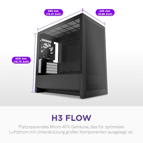 NZXT H3 Flow – Micro-ATX PC-Gehäuse nur für mATX & Mini-ITX Mainboards – Optimierter Luftstrom – Inklusive 1 x 120mm Lüfter hinten – Unterstützt Full-Size-GPUs – Schwarz Schwarz Flow Bild 4