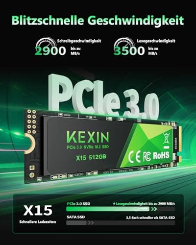 KEXIN 512GB NVMe M.2 2280 SSD PCIe 3.0, bis zu 3400 MB/s Lesen, 2900 MB/s Schreiben, 3D-NAND-Flash, Internes Solid State Drive PC-Enthusiasten und Gamer Bild 3