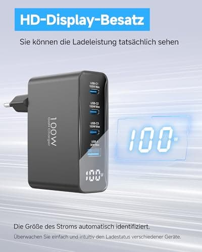 100W USB C Ladegerät, 4-Port Schnellladegerät mit LED Display, USB-C Netzteil GaN Charger PD/PPS für MacBook Pro/Air, für iPhone 17/16 Pro/iPad, Galaxy S25/S24, für HP/Lenovo/Acer/Lpatop, Schwarz EU-Stecker Schwarz Bild 6