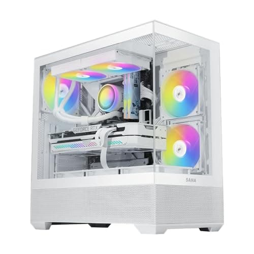 SAMA V40 Mid-Tower-ATX-Gehäuse – 6 × 120 mm ARGB-PWM-Lüfter vorinstalliert, doppelte Paneele aus gehärtetem Glas,Dual-Chamber-Design, USB 3.1 Type-C, 7 Slots, unterstützt ATX/mATX/ITX-GPUs, Weiß