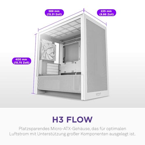 NZXT H3 Flow – Micro-ATX PC-Gehäuse – Optimierter Luftstrom – Inklusive 1 x 120mm Lüfter hinten – Unterstützt Full-Size-GPUs – Passend für 280mm Front, 240mm Top Radiator – Weiß Weiß Flow Bild 4