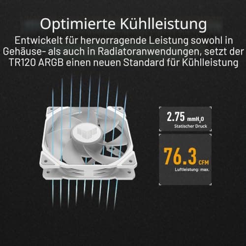 ASUS TUF Gaming TR120 ARGB Reverse Blade White Gehäuselüfter Single Pack (120mm PWM PC Lüfter, 2000 RPM, 2.75 mm H2O, 76,3 CFM Luftstrom, 16 einzeln adressierbare RGB-LEDs, weiß) Bild 6