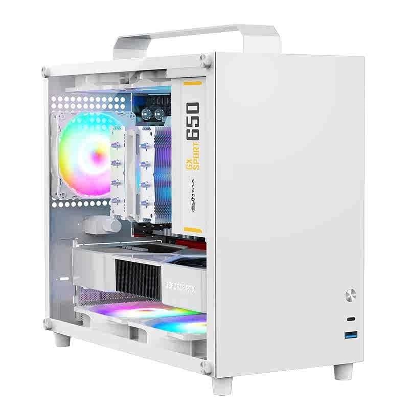 V500 Mini Tragbares M-ATX/ITX Computergehäuse, Mini-Tower-Gehäuse, Vollseitiges transparentes Acryl-DIY-Desktop-Gehäuse mit Griff, unterstützt 320 mm GPU-Größe(Weiß-2.0) Bild 5