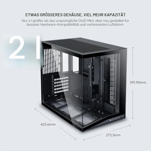LIAN LI O11D MINI V2 | Kompaktes ATX Mid-Tower Airflow Computergehäuse | Panoramablick | Voll belüfteter Luftstrom | Einstellbarer I/O | Säulenlos | Kabelmanagement | Schwarz (O11DMIV2X) Schwarz Ohne Lüfter Bild 4