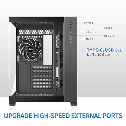 MUSETEX PC Gehäuse ATX, 3 Non-LED Lüfter vorinstalliert Gaming PC Gehäuse, 270° Full-View Tempered Glass PC Case mit Type-C, Mid Tower ATX Computer Gehäuse, Schwarz, Y6 42T x 29,5B x 36,8H cm Bild 8