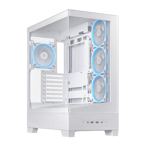ASUS A31 Plus TG ARGB White ATX PC Gehäuse (vorinstallierte ARGB-Lüfter, Frontpanel aus Glas, kompatibel mit Mainboards mit versteckten Anschlüssen, 360-mm-Radiatoren, 380-mm-Grafikkarten, weiß)