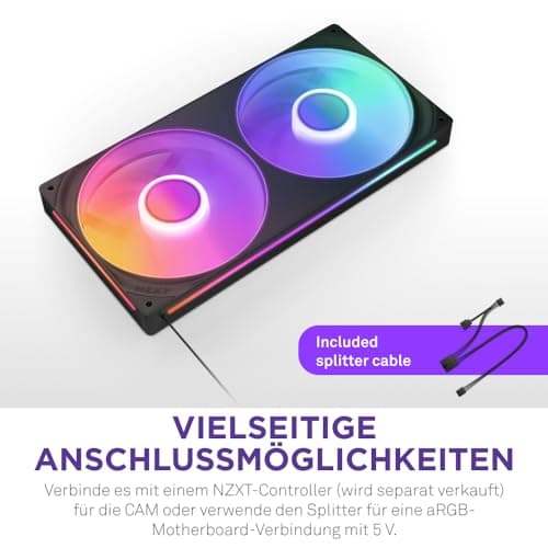 NZXT F280 RGB Core - 280 mm Einzelrahmen-Lüftereinheit mit 2 x 140 mm RGB-Lüftern - Drehzahl- und Beleuchtungssteuerung - Hoher statischer Druck und Luftstrom - 8 aRGB-LEDs pro Lüfter - Schwarz Schwarz 280mm Bild 5