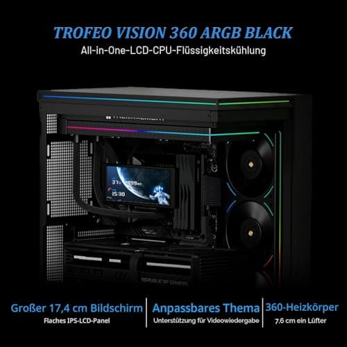 TR-Trofeo Vision 360 ARGB Schwarz CPU Aio Kühler, CPU Wasserkühlungssystem, 6,86 Zoll langer IPS-Bildschirm mit 1280x480 Auflösung, für AM4 / AM5, LGA1851 / 1700, BLACK Bild 4