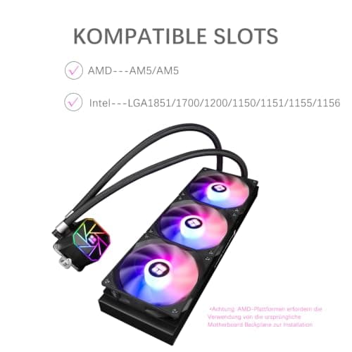 TR-Thermalright Aqua Elite 360 V3 CPU Wasserkühlung Komplett-360 Spezifikation AIO PC Kühler,3x120mm ARGB Kühlventilator,Einfache Installation,Kompatibel mit AM5/AM4, LGA1851/1700/115X/1200 360mm Schwarz Bild 8
