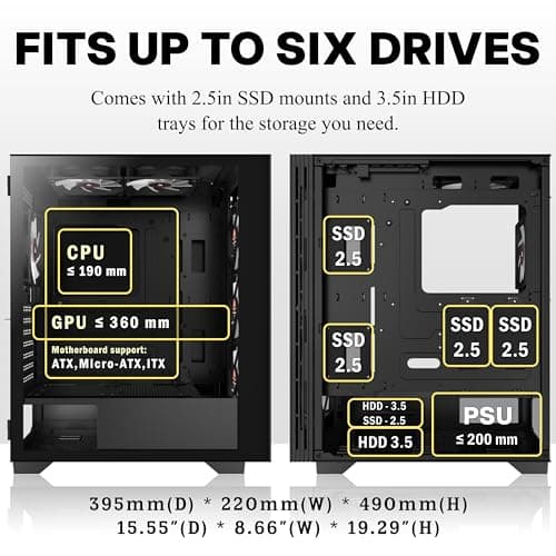 KEDIERS PC-Gehäuse, vorinstalliert 6*PWM ARGB-Gehäuselüfter, ATX Mid Tower, Gaming-Gehäuse mit Öffnung aus gehärtetem Glas, Seitenteiltür, Netz-Computergehäuse, schwarz Bild 8