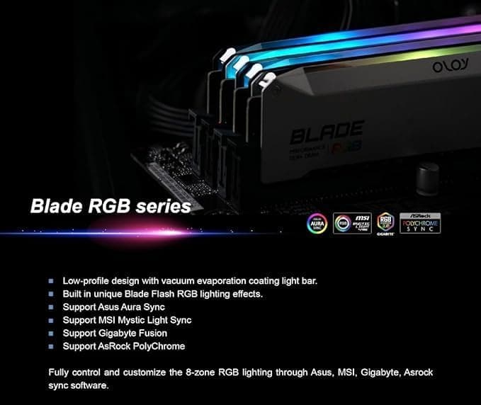 OLOy DDR4 RAM 16GB (2x8GB) Black Hairline Blade RGB 3600MHz CL18 1.35V 288pin Desktop Gaming UDIMM (MD4U0836180BRKDA) Bild 5